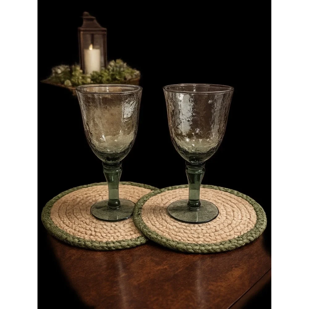 Pottery Barn Set of 2 Smoke Gray Hammered Glass Wine Water Rustic Goblet  7.5in